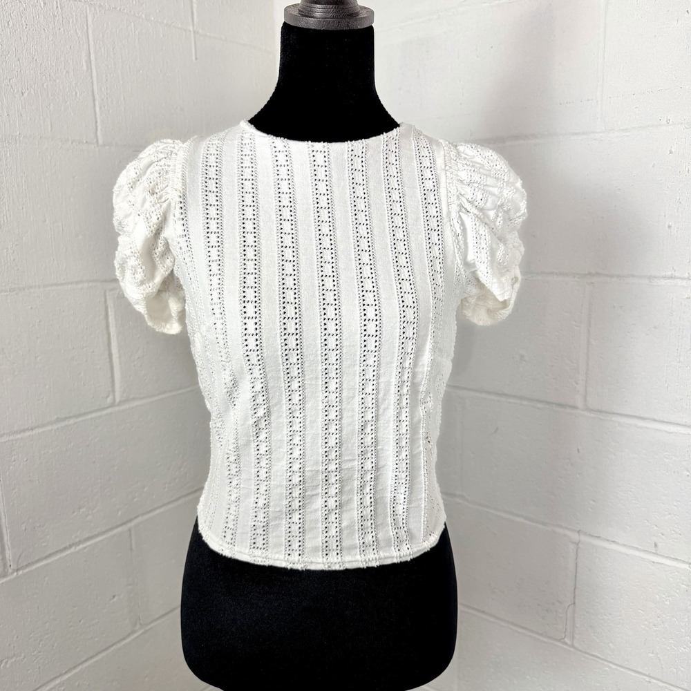 Free‎ People Crop Top Tie Backless Eyelet Puff Sleeves Coquette Festival SZ XS
